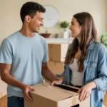 Couple unpacking in their new Chapel Hill home, smiling with excitement