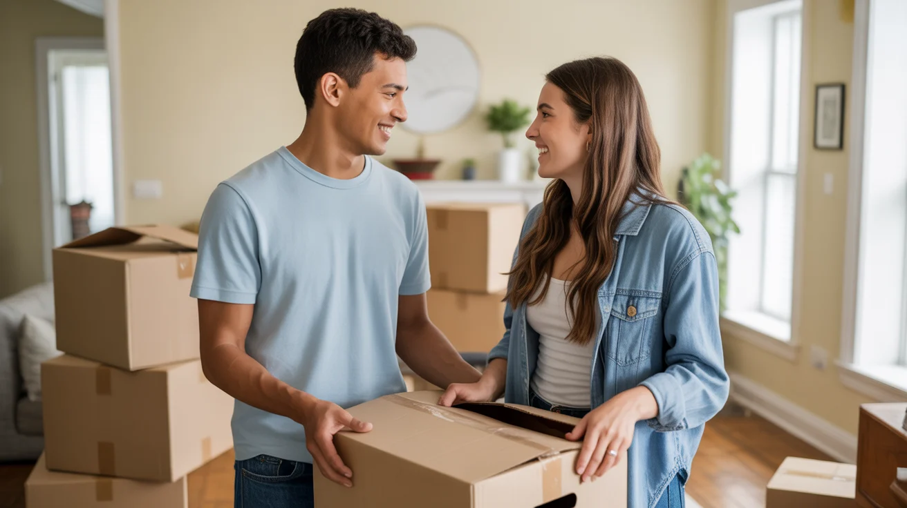 Couple unpacking in their new Chapel Hill home, smiling with excitement
