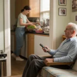 An older man watching TV in a sunlit living room with vinyl records, while a younger woman puts away groceries in the kitchen.