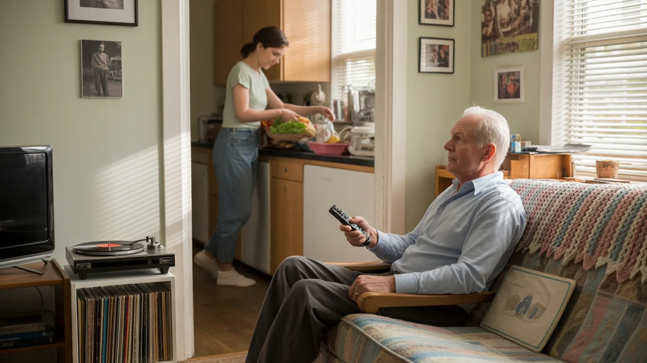 An older man watching TV in a sunlit living room with vinyl records, while a younger woman puts away groceries in the kitchen.