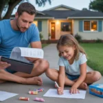 Father and daughter sitting on front steps of Florida home reviewing bills in summer evening