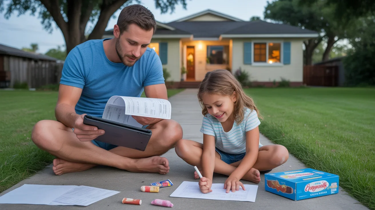 Father and daughter sitting on front steps of Florida home reviewing bills in summer evening