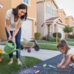 Woman watering flowers outside townhome in Orange, CA with daughter playing nearby