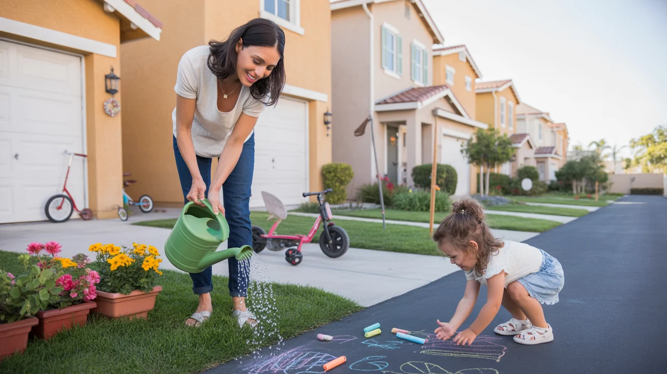Woman watering flowers outside townhome in Orange, CA with daughter playing nearby