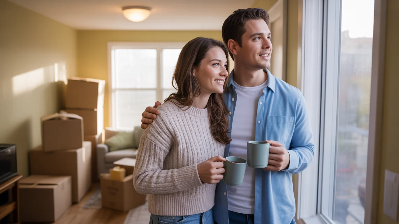 Couple looks out window of new Aurora IL apartment with coffee and moving boxes