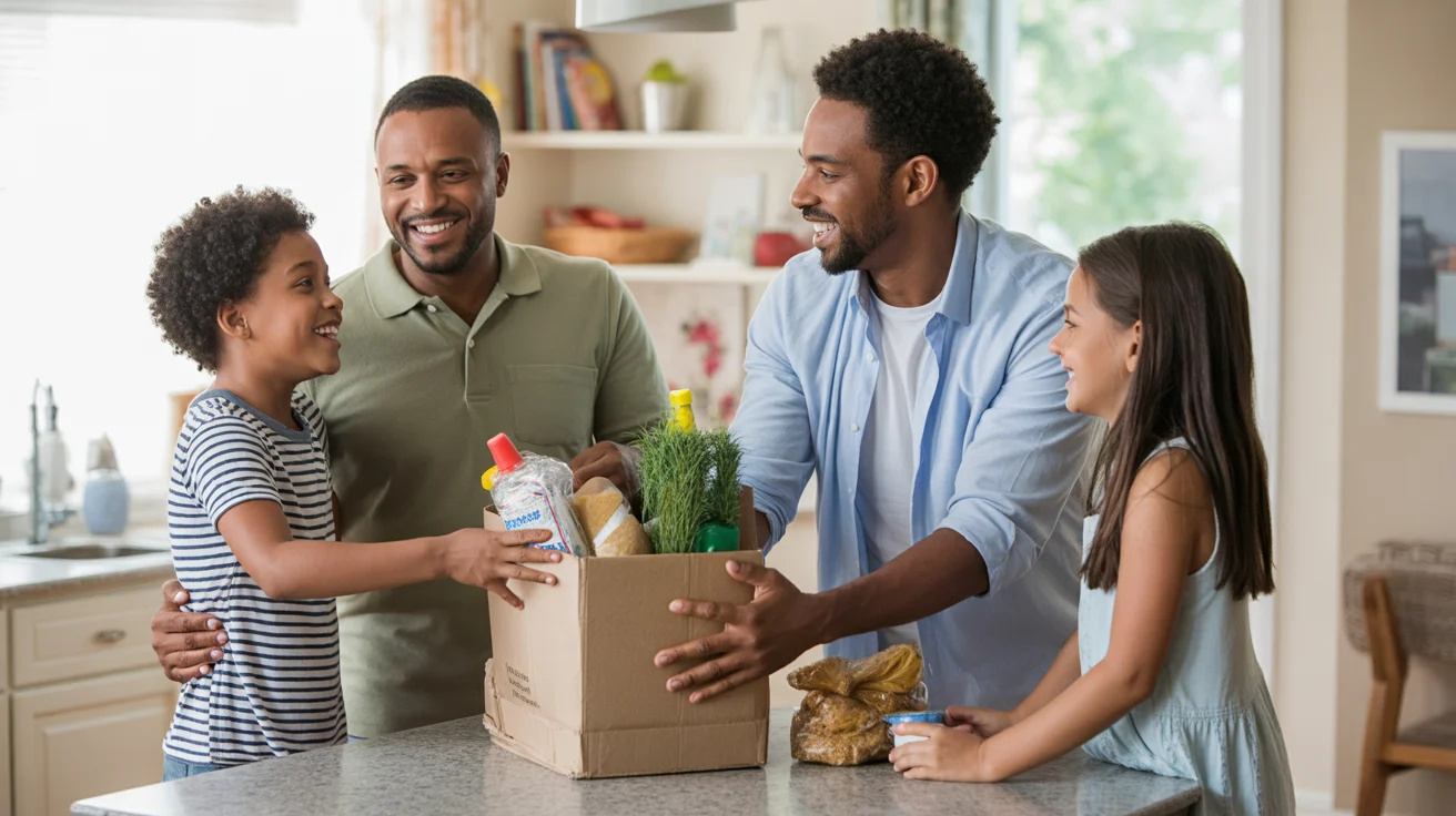 Family unpacks groceries together in kitchen of Bolingbrook IL home