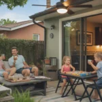 Family relaxing on backyard patio in Thornton, CO on hot summer day