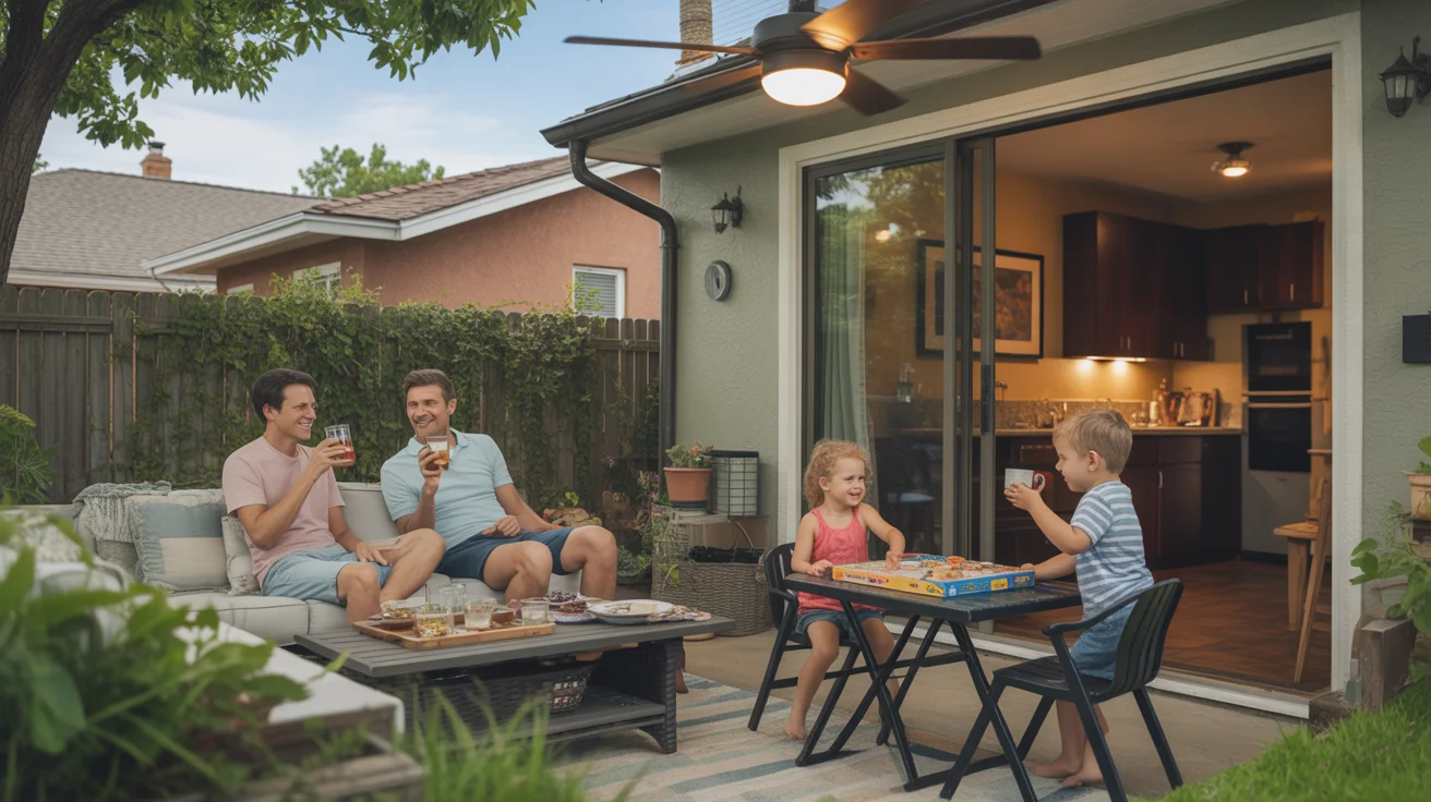 Family relaxing on backyard patio in Thornton, CO on hot summer day
