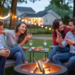 Friends gathered around a backyard firepit in Marietta, GA, enjoying a summer evening together