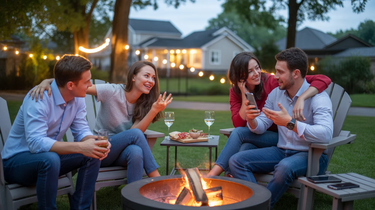 Friends gathered around a backyard firepit in Marietta, GA, enjoying a summer evening together