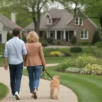 Couple walking dog through landscaped park in Naperville IL