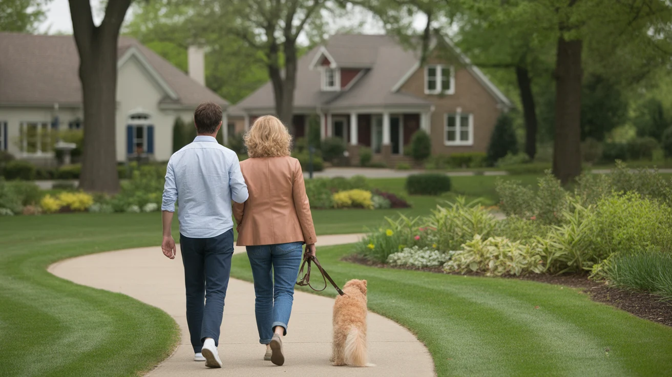Couple walking dog through landscaped park in Naperville IL