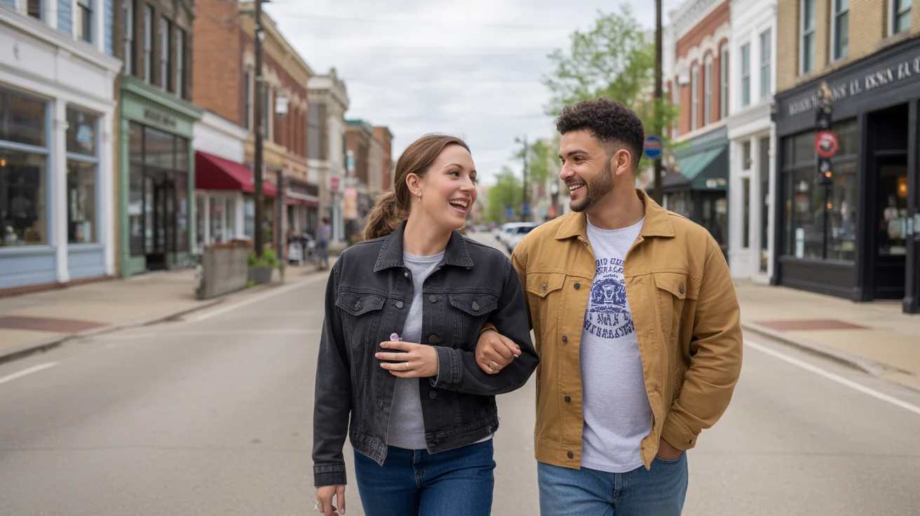 Friends walking past shops and restaurants on a street in downtown Joliet IL