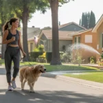 A woman walks her dog past well-maintained homes in a friendly Fontana neighborhood