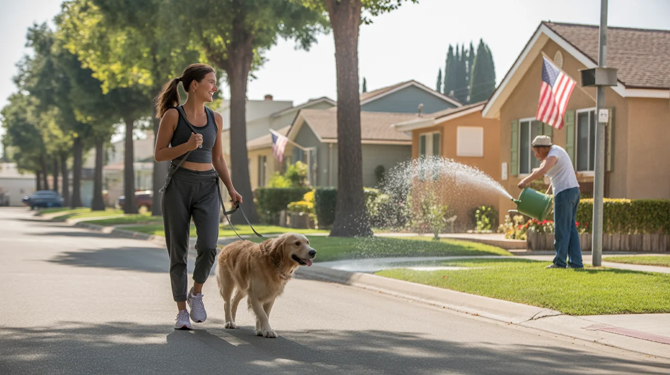 A woman walks her dog past well-maintained homes in a friendly Fontana neighborhood