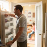 Father looking in refrigerator in kitchen of Mckinney home