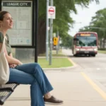 Woman waiting for the bus at a stop in League City, Texas