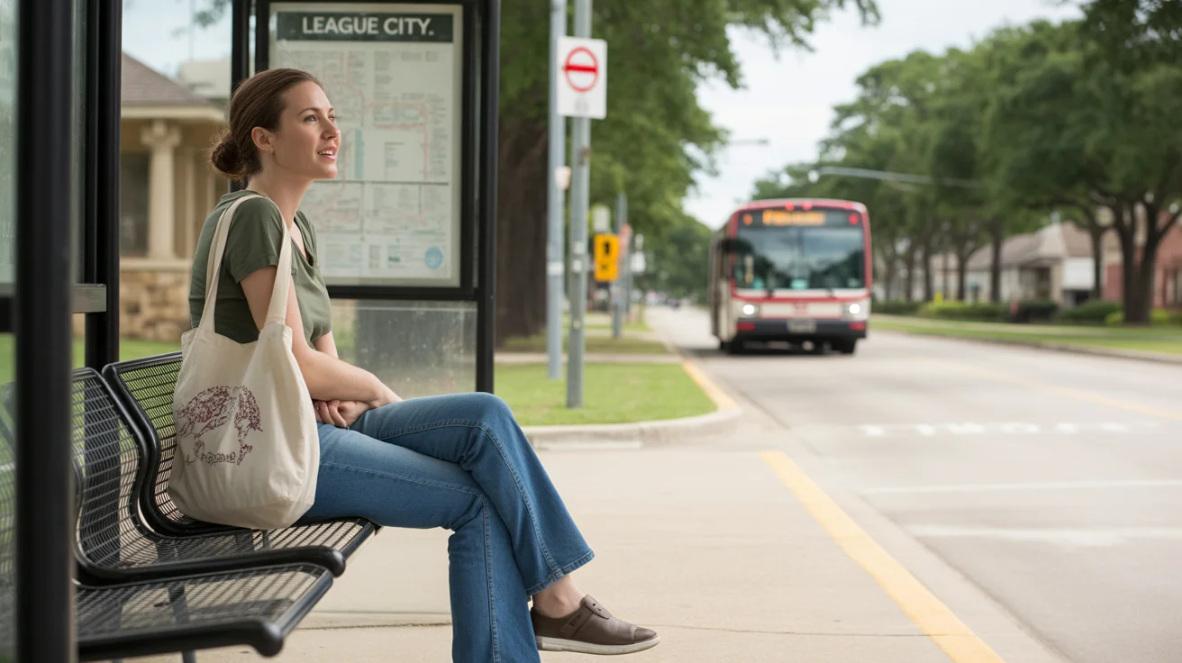 Woman waiting for the bus at a stop in League City, Texas
