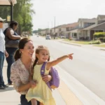 Mother and daughter waiting for the bus in San Marcos, Texas