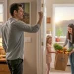 Father turning off light as he leaves home office, with wife and daughter in kitchen of suburban Highlands Ranch home at sunset