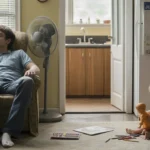 Father naps in armchair while daughter plays on floor nearby on a hot summer day