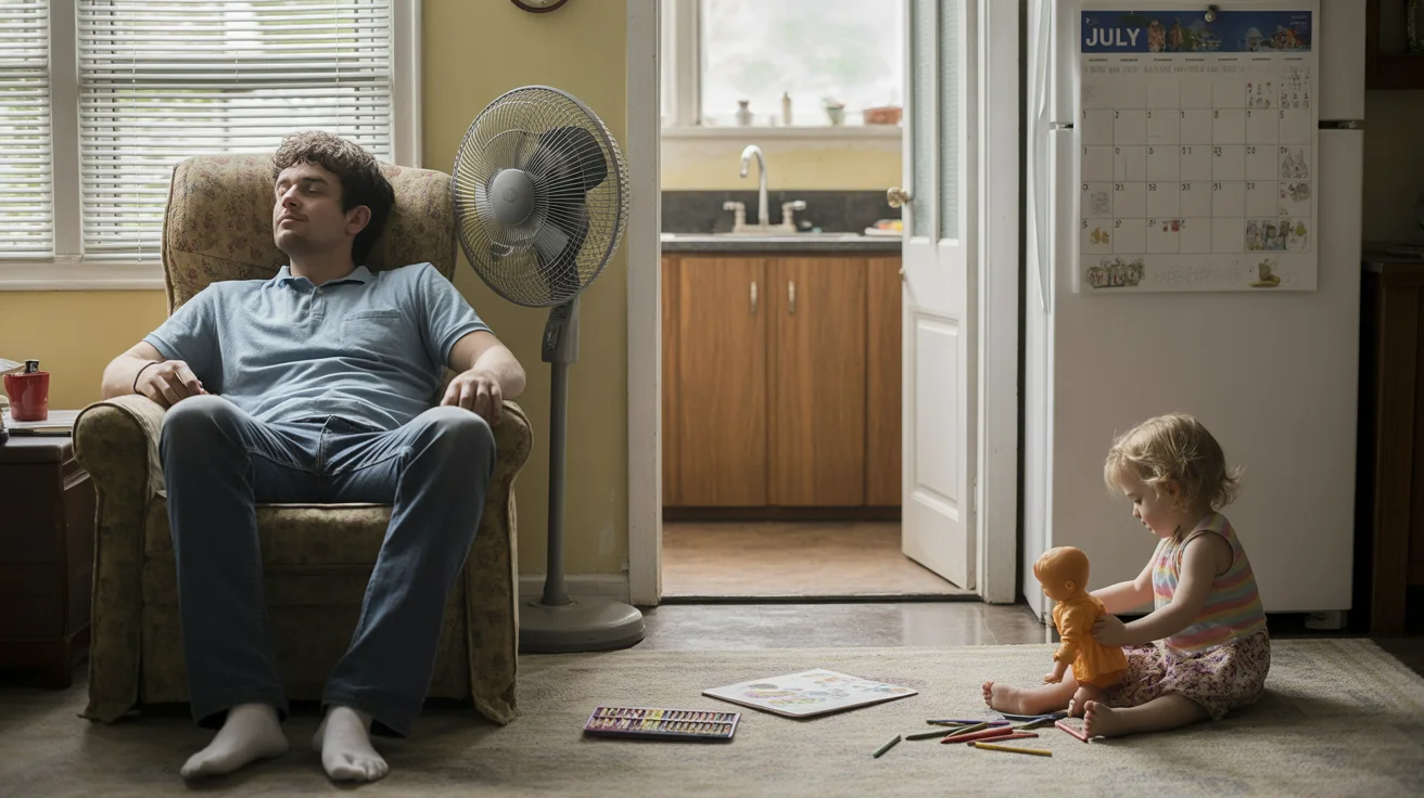 Father naps in armchair while daughter plays on floor nearby on a hot summer day