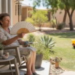 Grandmother fanning herself on shaded porch in Spring Valley, NV, while grandson plays nearby