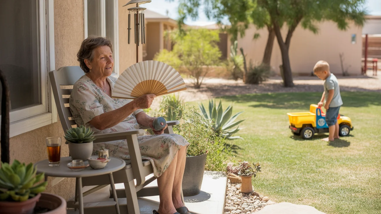 Grandmother fanning herself on shaded porch in Spring Valley, NV, while grandson plays nearby
