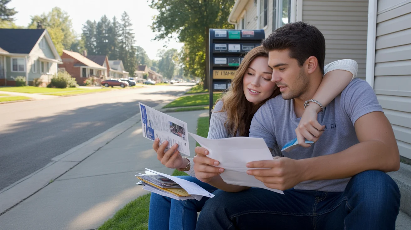 A couple checks their mail outside an apartment building on a residential street in Littleton, Colorado