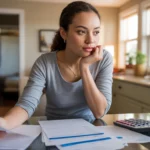 Woman working on monthly budget at kitchen table in Plano apartment