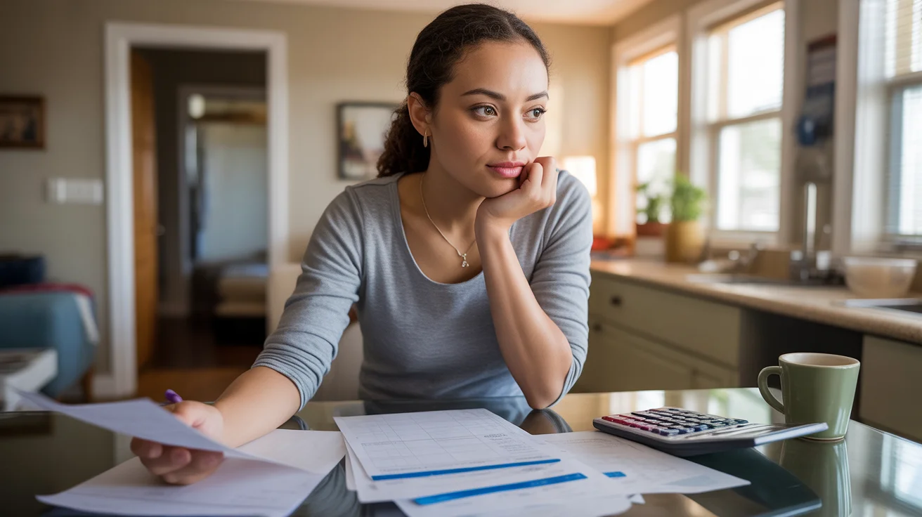 Woman working on monthly budget at kitchen table in Plano apartment