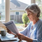 Senior woman reviewing monthly budget on laptop at kitchen table in Pearland, TX home