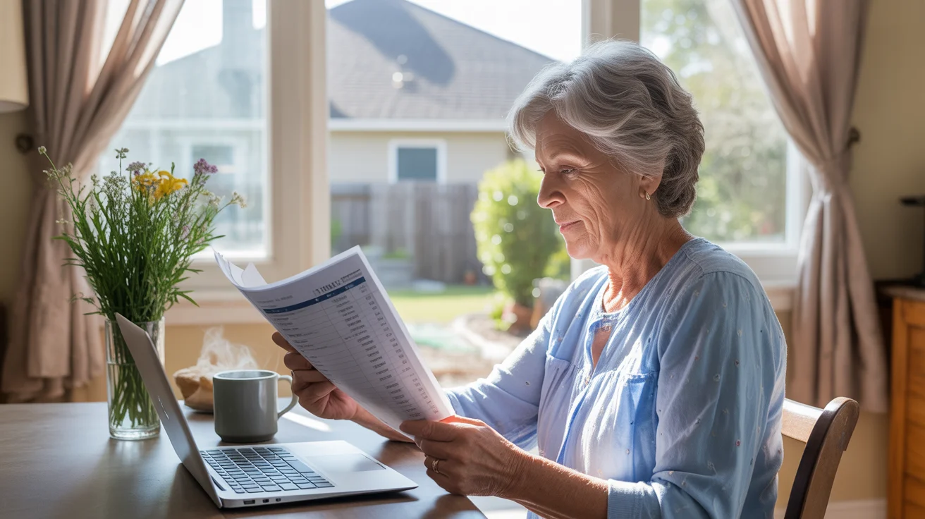 Senior woman reviewing monthly budget on laptop at kitchen table in Pearland, TX home