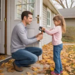 Father and daughter installing weather stripping around front door of Taylorsville home