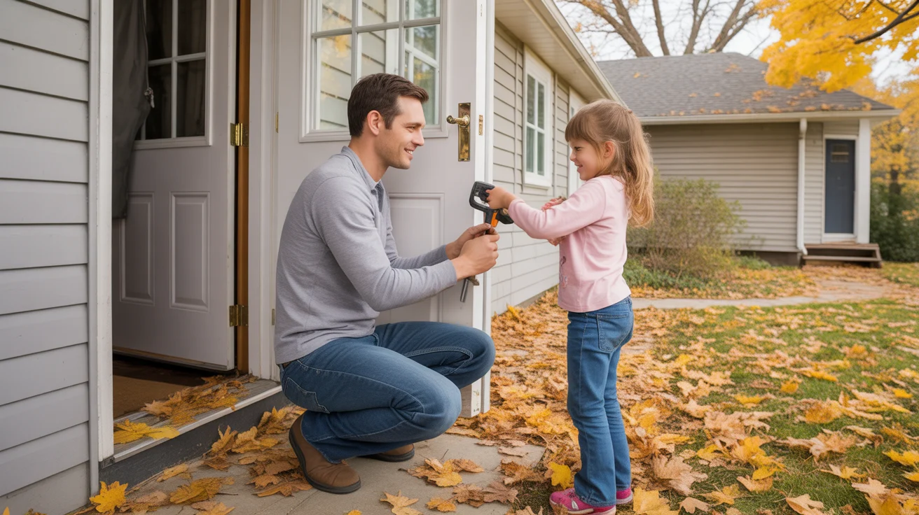 Father and daughter installing weather stripping around front door of Taylorsville home