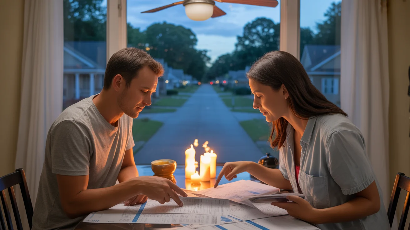 Couple reviewing utility bills by candlelight in Charlotte home kitchen