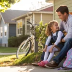 Father helping daughter tie shoes on front steps of home in Thornton, Colorado
