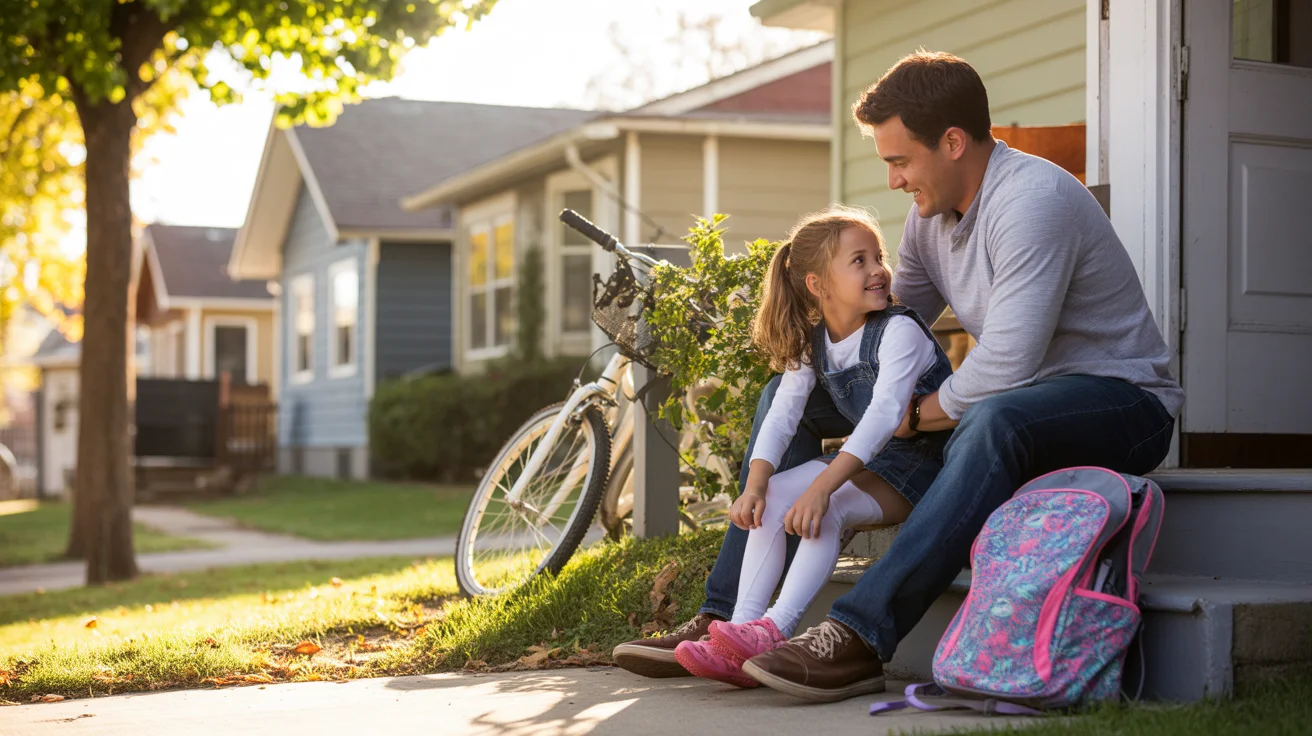 Father helping daughter tie shoes on front steps of home in Thornton, Colorado