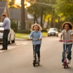 Two kids riding scooters on a peaceful residential street in Roswell, GA at sunset.