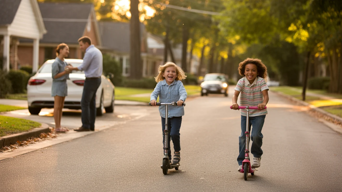 Two kids riding scooters on a peaceful residential street in Roswell, GA at sunset.