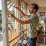 Man adjusting window blinds to block sunlight in a Sunrise Manor living room