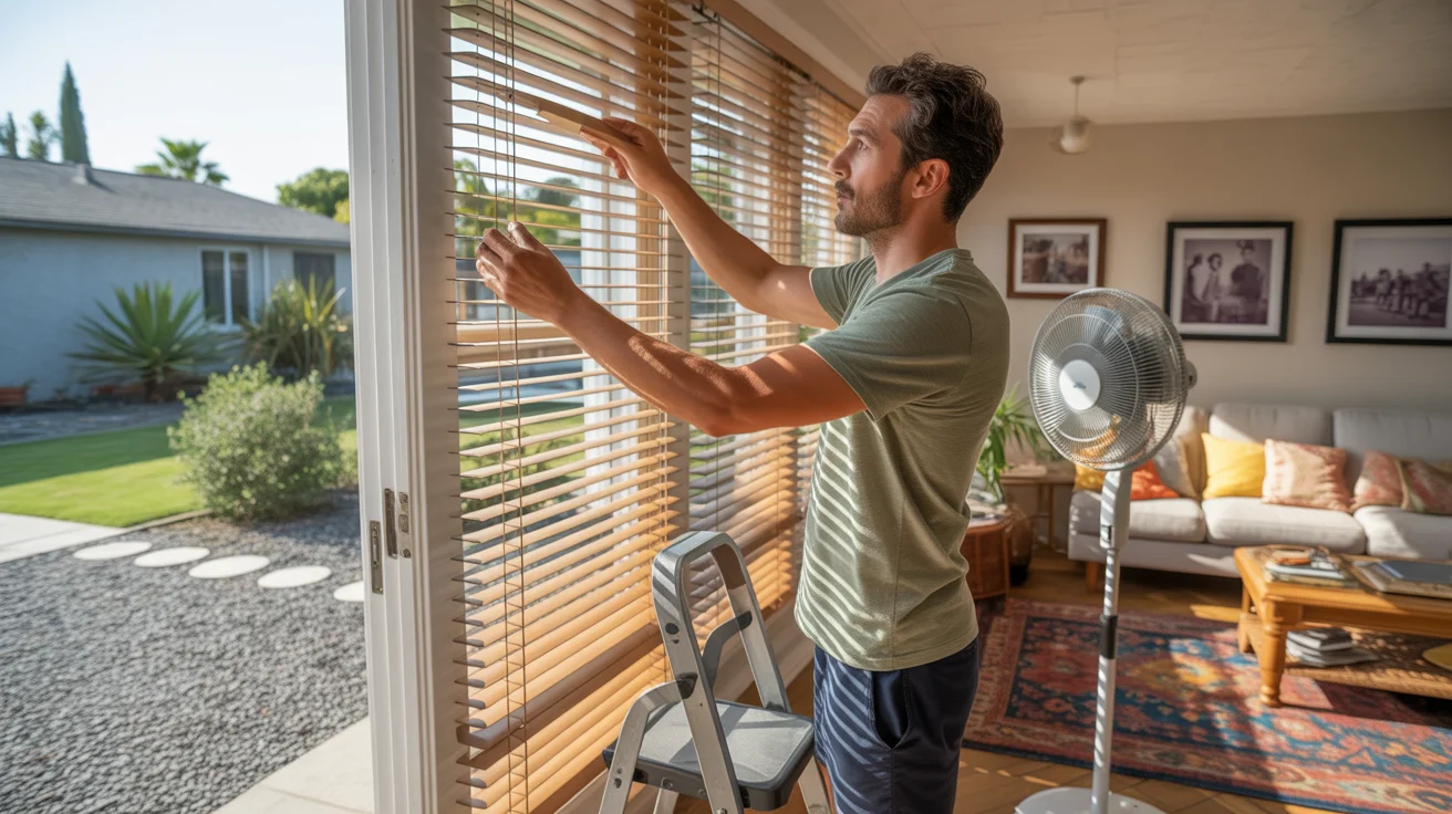 Man adjusting window blinds to block sunlight in a Sunrise Manor living room