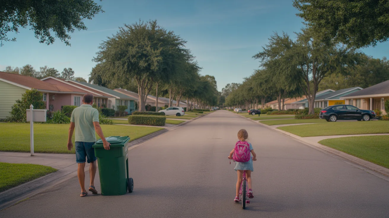 Man rolling garbage bin to curb on suburban street in Lakeland, FL with matching single-story homes and tidy lawns.