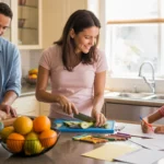 A family prepares dinner together in the kitchen of their Fullerton home
