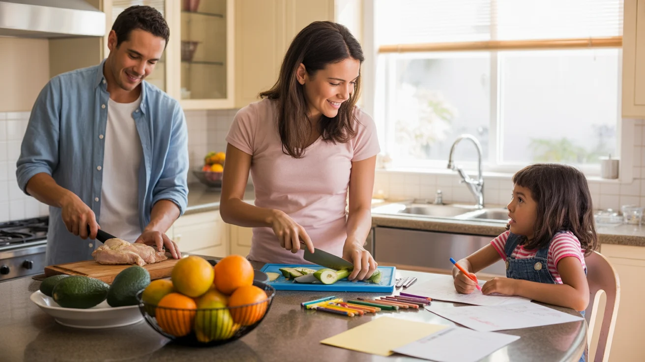 A family prepares dinner together in the kitchen of their Fullerton home