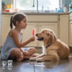 Girl and puppy sharing popsicle on kitchen floor in summer