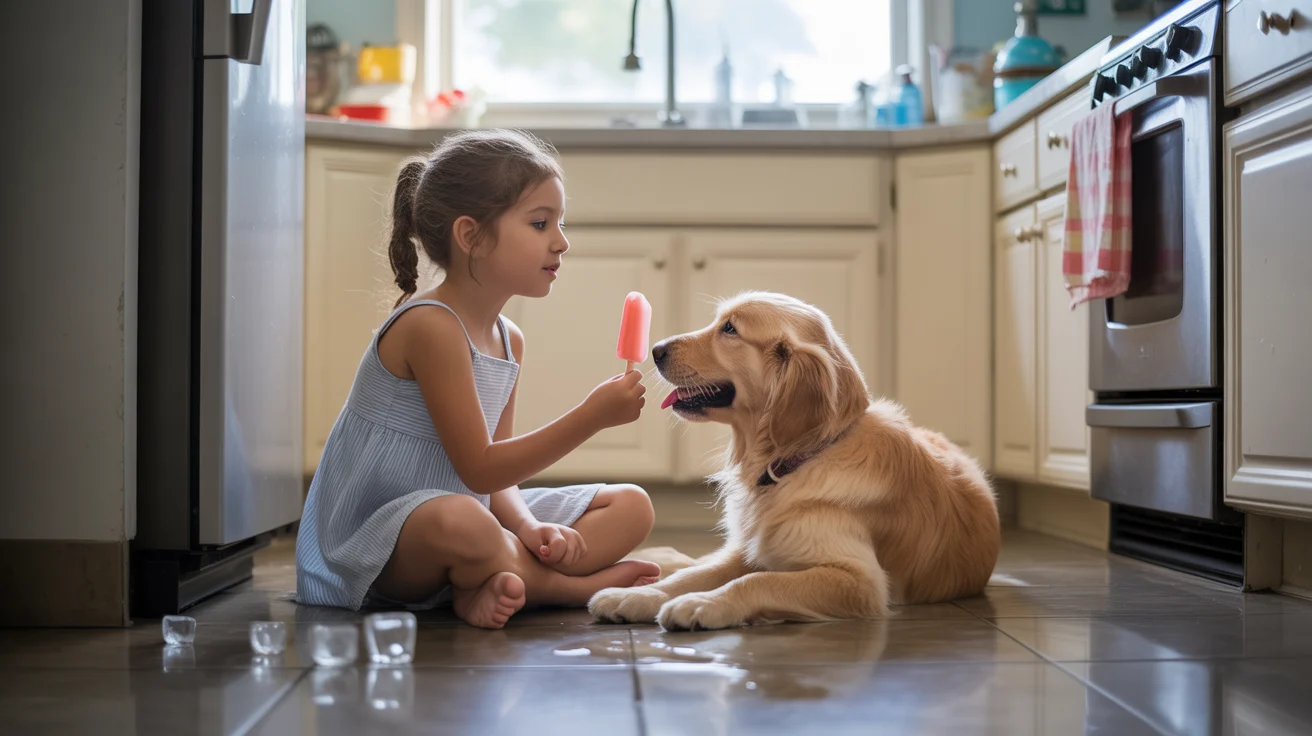 Girl and puppy sharing popsicle on kitchen floor in summer
