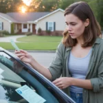 Woman looking at parking ticket on car windshield in Cary neighborhood