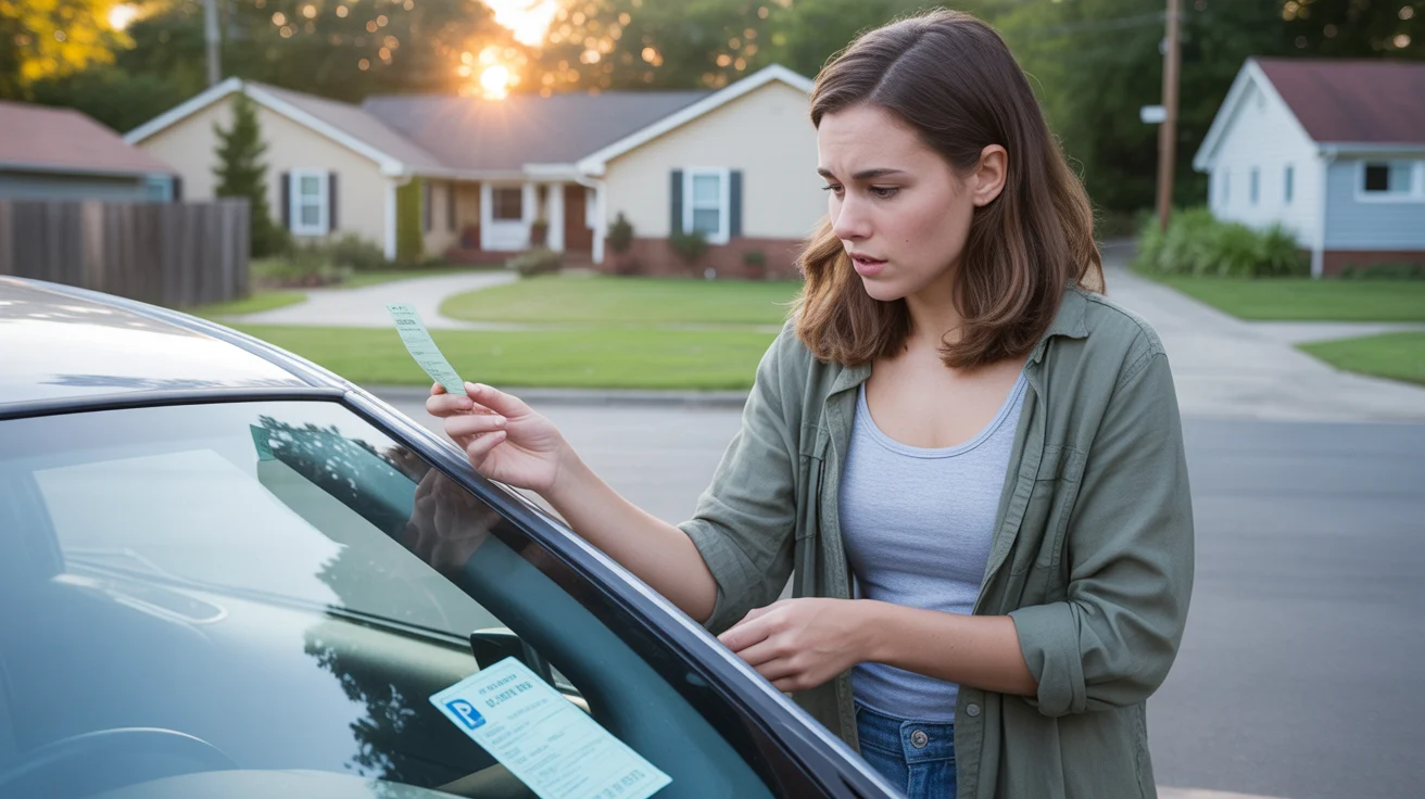 Woman looking at parking ticket on car windshield in Cary neighborhood