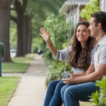 Couple enjoying morning coffee on porch of Wheaton home